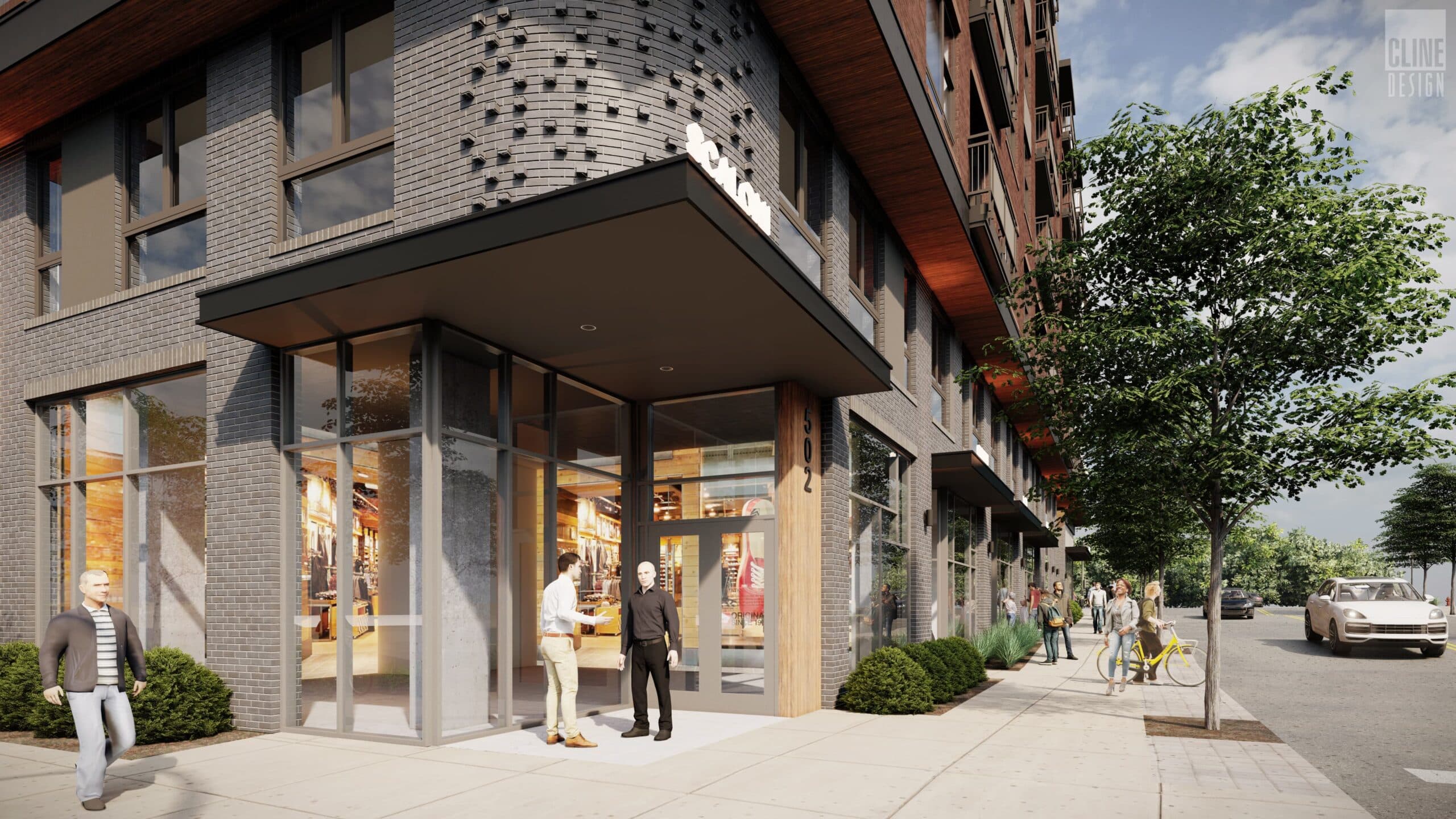 A digital rendering of an office space corner with people outside, featuring modern furnishings and ample natural light